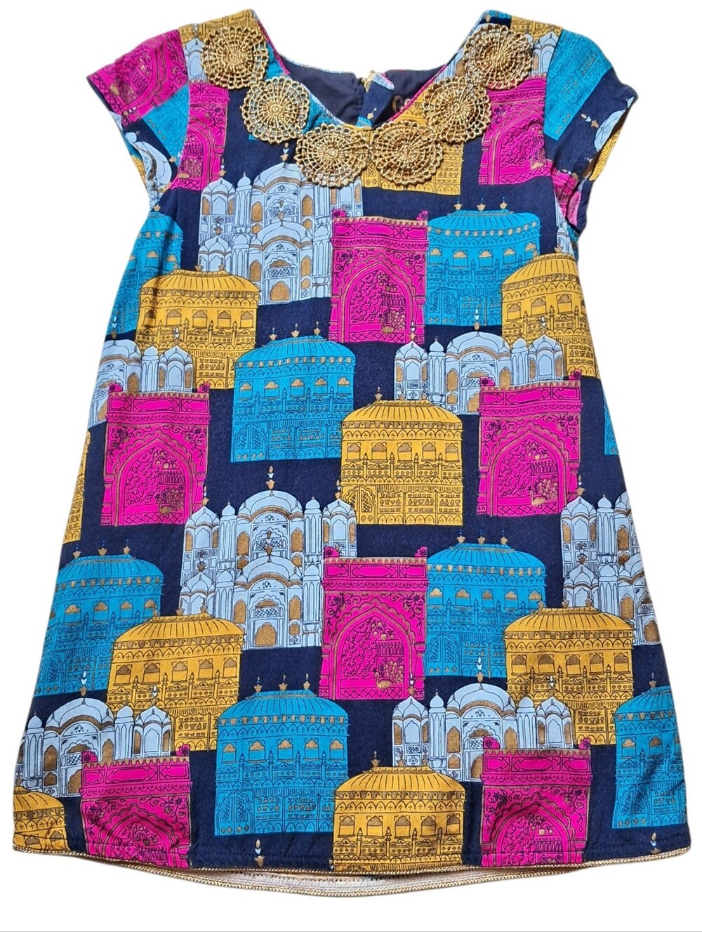 Genuine Kids Navy Dress with Pink, Blue & Yellow Architectural Print Size 2T